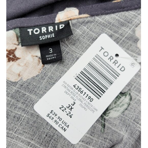 NWT Torrid 3 Grey Floral Ava Ruched V-Neck Cami 3X 22 24 - Picture 4 of 6